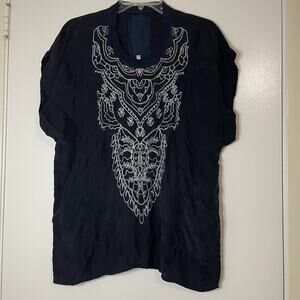 Johnny Was navy blue embroidered crew neck tunic top Small